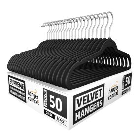 50 pack Space Saving, Heavy Duty Slim Velvet Hangers, Ridged Non-Slip, 360-Rotating Chrome Swivel Hook, Black (Count Per Pack: 50)